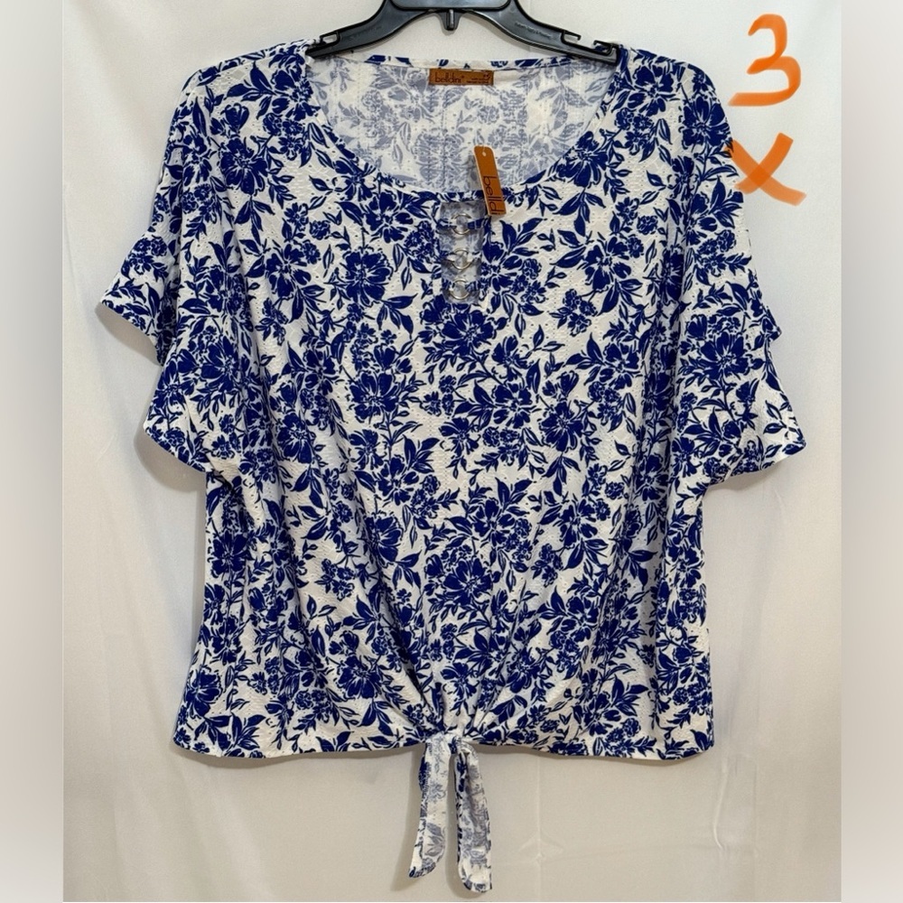 Belldini Blue and White Tie Front Short Sleeve Blouse